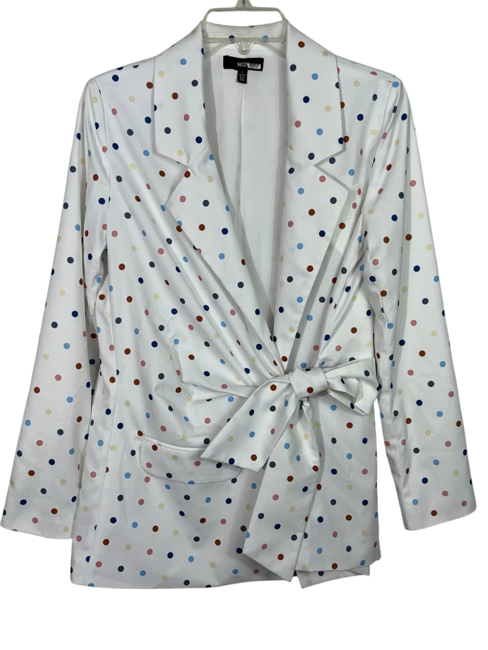N12H White Colorful Polka Dot Tie Front Blazer Sport Coat Career Professional S